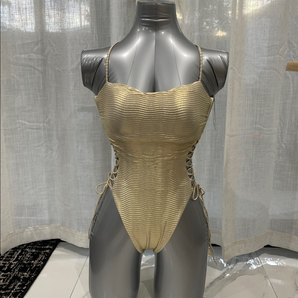 Luli Fama Gold Shimmer Lace-Up  One-Piece